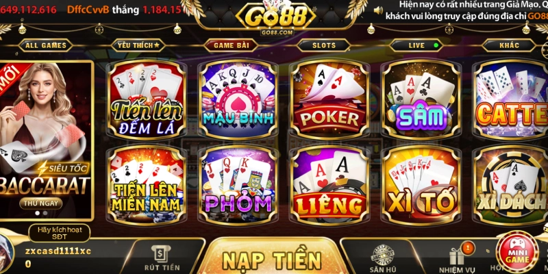 Hệ thống game bài đổi thưởng tại Go88 cực kỳ đa dạng